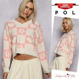 POL V-Neck Heart Pattern Raw Hem Oversized Checkered Pullover Sweater | Cream